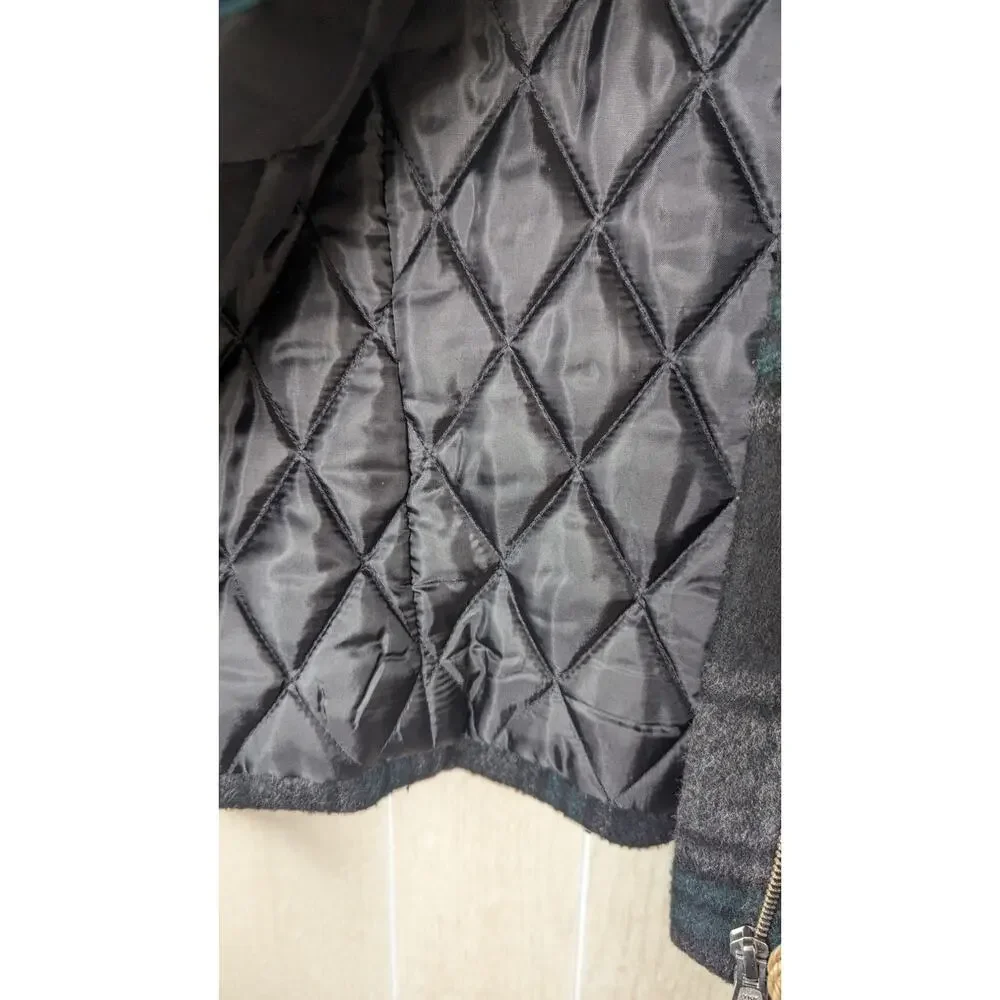 Hinge Wool Blend hooded jacket black green Tartan Plaid xsmall - Picture 10 of 13
